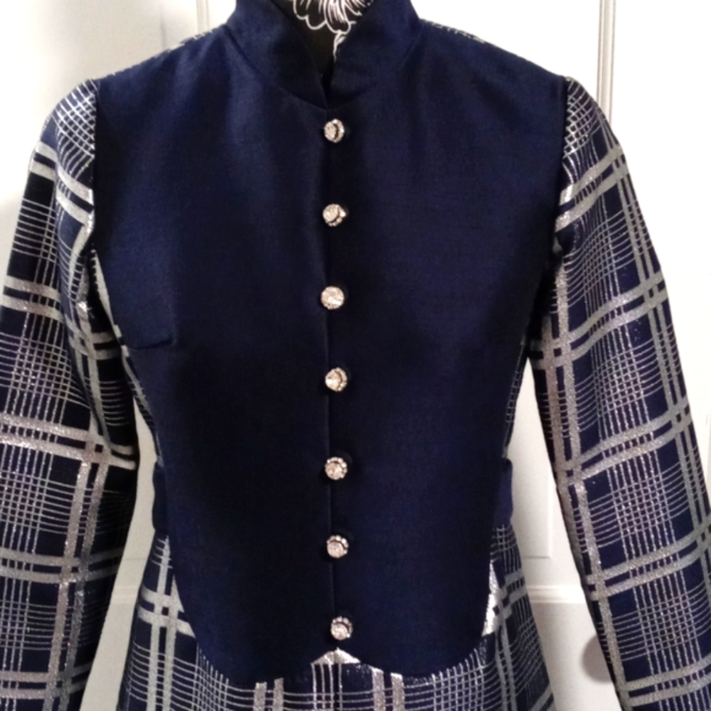 💙VTG 1960s Oscar de la Renta💙 - Navy Silk & Silver Metallic Plaid Mod Dress - Picture 5 of 16